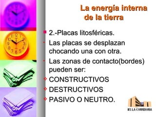 La energía internaLa energía interna
de la tierrade la tierra
 2.-Placas litosféricas.2.-Placas litosféricas.
• Las placas se desplazanLas placas se desplazan
chocando una con otra.chocando una con otra.
• Las zonas de contacto(bordes)Las zonas de contacto(bordes)
pueden ser:pueden ser:
 CONSTRUCTIVOSCONSTRUCTIVOS
 DESTRUCTIVOSDESTRUCTIVOS
 PASIVO O NEUTRO.PASIVO O NEUTRO.
 