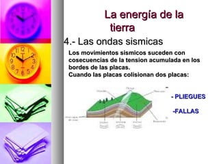 La energía de laLa energía de la
tierratierra
4.- Las ondas sismicas4.- Las ondas sismicas
Los movimientos sismicos suceden conLos movimientos sismicos suceden con
cosecuencias de la tension acumulada en loscosecuencias de la tension acumulada en los
bordes de las placas.bordes de las placas.
Cuando las placas colisionan dos placas:Cuando las placas colisionan dos placas:
- PLIEGUES- PLIEGUES
-FALLAS-FALLAS
 