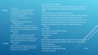 3. ESTILO:
Es una obra picaresca del estilo
conceptista de Quevedo, la
elaboración lingüística es total.
4. TRASCENDENCIA:
Es como una parodia de la
picaresca.
GUZMÁN DE ALFARACHE:
• ARGUMENTO:
Una cortesana y un mercader se
escapan de su casa.Llega a Madrid
y se une a una cofradía,tras hacer un
gran robo.
• TEMA:
Siguiendo el modelo de Lazarillo
(autobiografía ficticia). Narra el
imparable proceso de degradación
personal de Guzmán. La amarga
crítica social.
• ESTILO:
Obra manierista.Transición entre el
Renacimiento y el Barroco.Enorme
riqueza de vocabulario.
Nerea
Iraide
LAZARILLO DE TORMES:
-Es la primra de las novelas picarescas y la que da
origen al subgénero.La primeras ediciones son de
1554.
-El Lazarillo es una novela anónima.
-Está concebido como una carta que Lázaro envía
a alguien desconocido para justificar por qué
admite la situacíon tan deshonrada en la que vive.
-La obra esta compuesta por un prólogonque nos
explica el motivo de la carta y siete tratados.
• Tema:
-La honra
-El motivo central de la obra.
-La crítica al clero.
-El hambre
• Estilo
Esta ecrita en primera persona.Unos de sus ragos es
el uso del humor.Es de estilo artificioso y afectado.
Trascendencia
-Carácter antiheroico
-Tratamiento del personaje
-Su estilo realista
Iraitz
 