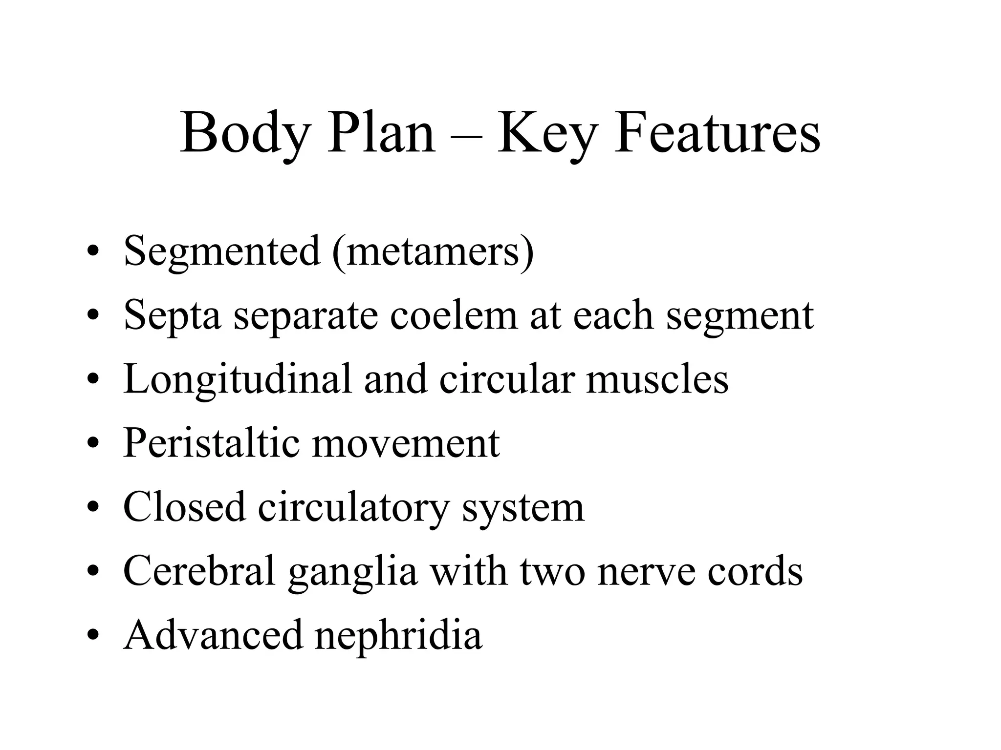 Body Plan – Key Features
• Segmented (metamers)
• Septa separate coelem at each segment
• Longitudinal and circular muscles
• Peristaltic movement
• Closed circulatory system
• Cerebral ganglia with two nerve cords
• Advanced nephridia
 