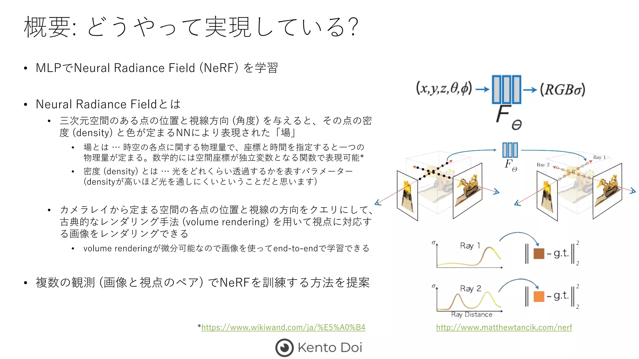 概要: どうやって実現している?
• MLPでNeural Radiance Field (NeRF) を学習
• Neural Radiance Fieldとは
• 三次元空間のある点の位置と視線方向 (角度) を与えると、その点の密
度 (density) と色が定まるNNにより表現された「場」
• 場とは … 時空の各点に関する物理量で、座標と時間を指定すると一つの
物理量が定まる。数学的には空間座標が独立変数となる関数で表現可能*
• 密度 (density) とは … 光をどれくらい透過するかを表すパラメーター
(densityが高いほど光を通しにくいということだと思います)
• カメラレイから定まる空間の各点の位置と視線の方向をクエリにして、
古典的なレンダリング手法 (volume rendering) を用いて視点に対応す
る画像をレンダリングできる
• volume renderingが微分可能なので画像を使ってend-to-endで学習できる
• 複数の観測 (画像と視点のペア) でNeRFを訓練する方法を提案
*https://www.wikiwand.com/ja/%E5%A0%B4 http://www.matthewtancik.com/nerf
 