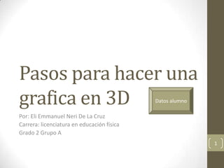 Pasos para hacer una
grafica en 3D
Por: Eli Emmanuel Neri De La Cruz
Carrera: licenciatura en educación física
Grado 2 Grupo A
1
Datos alumno
 