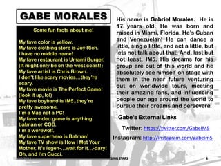 IM5: THE RISING STARS 6
GABE MORALES His name is Gabriel Morales. He is
17 years old. He was born and
raised in Miami, Florida. He’s Cuban
and Venezuelan! He can dance a
little, sing a little, and act a little, but
lets not talk about that! And, last but
not least, IM5. His dreams for his
group are out of this world and he
absolutely see himself on stage with
them in the near future venturing
out on worldwide tours, meeting
their amazing fans, and influencing
people our age around the world to
pursue their dreams and persevere.
Some fun facts about me!
My fave color is yellow.
My fave clothing store is Joy Rich.
I have no middle name!
My fave restaurant is Umami Burger.
(It might only be on the west coast!)
My fave artist is Chris Brown.
I don’t like scary movies…they’re
scary.
My fave movie is The Perfect Game!
(look it up, lol)
My fave boyband is IM5..they’re
pretty awesome.
I’m a Mac not a PC!
My fave video game is anything
batman or COD.
I’m a werewolf.
My fave superhero is Batman!
My fave TV show is How I Met Your
Mother. It’s legen-…wait for it…-dary!
Oh, and I’m Gucci.
Gabe’s External Links
Twitter: https://twitter.com/GabeIM5
Instagram: http://instagram.com/gabeim5
03/10/2013
 