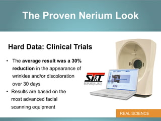 The Proven Nerium Look


Hard Data: Clinical Trials
•  The average result was a 30%
  reduction in the appearance of
  wrinkles and/or discoloration
  over 30 days
•  Results are based on the
  most advanced facial
  scanning equipment
                                   REAL SCIENCE
 