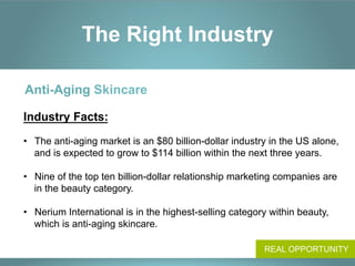 The Right Industry

Anti-Aging Skincare

Industry Facts:

•  The anti-aging market is an $80 billion-dollar industry in the US alone,
   and is expected to grow to $114 billion within the next three years.

•  Nine of the top ten billion-dollar relationship marketing companies are
   in the beauty category.

•  Nerium International is in the highest-selling category within beauty,
   which is anti-aging skincare.

                                                         REAL OPPORTUNITY
 
