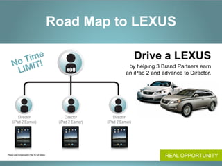 Road Map to LEXUS

          ime
      o T IT!
                                                                                      Drive a LEXUS
     N
       LIM
                                                                                by helping 3 Brand Partners earn
                                                      YOU
                                                                               an iPad 2 and advance to Director.




         Director                                     Director          Director
     (iPad 2 Earner)                              (iPad 2 Earner)   (iPad 2 Earner)




Please see Compensation Plan for full details.
                                                                                              REAL OPPORTUNITY
 
