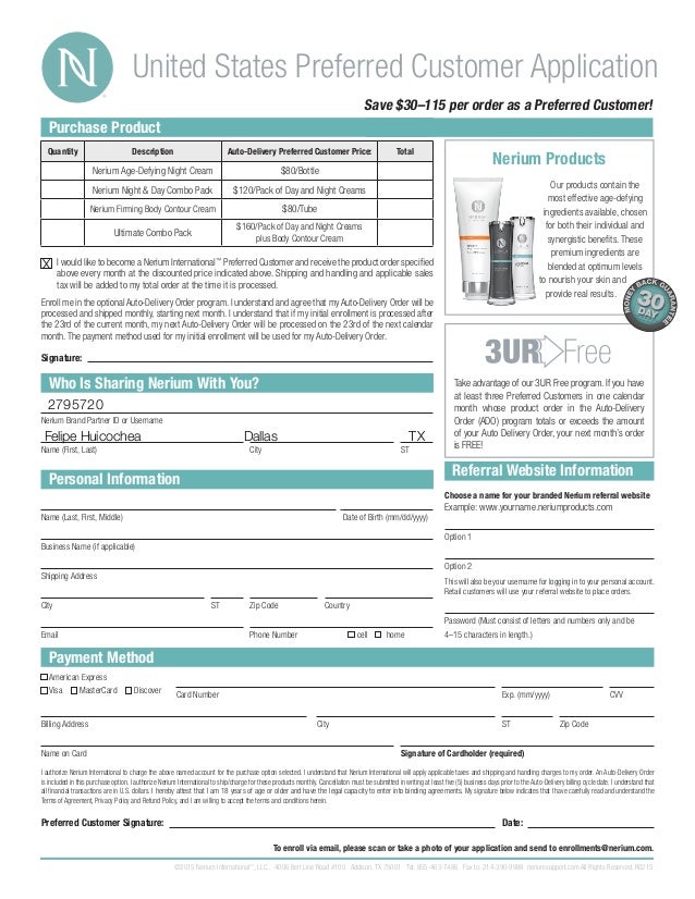 nerium order form lowest price customer order form