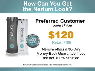 How Can You Get
the Nerium Look?
Preferred Customer
Lowest Prices

$120
Retail: $165	
  

Nerium offers a 30-Day  
Money-Back Guarantee if you  
are not 100% satisﬁed #
NeriumAD Night Cream only: Retail $110 or Preferred Customer $80.#

 