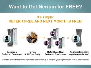 Want to Get Nerium for FREE?
It’s simple:
REFER THREE AND NEXT MONTH IS FREE!

=
YOU

YOU

Become a
Preferred Customer

Have a
3UR Free Party

Refer three New
Preferred Customers

Your next month’s
night cream is free!

Maintain three Preferred Customers and continue to receive your night cream FREE every month!

 