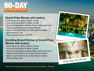 Grand Prize Winner will receive:
• Three days, two nights in Miami, Florida
• Two round-trip airfares to Miami, Florida
• Ground transportation between Miami airport and resort
• Hotel accommodations at a 5-Star Resort
• $500 in spa treatments at a 5-Star Resort in Miami
• $500 spending cash
• Prize package valued at $3,500

Enrolling Brand Partner of Grand Prize
Winner will receive:
• Three days, two nights in Miami, Florida
• One round-trip airfare to Miami, Florida
• Ground transportation between Miami airport and resort
• Hotel accommodations at a 5-Star Resort in Miami
• $250 in spa treatments at a 5-Star Resort in Miami
• $250 spending cash

Look Better. Live Better. 	
  

Receive an all-expenses paid vacation to Miami, Florida!

 