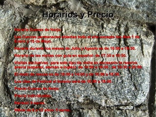 Horarios y PrecioHorarios y Precio
●
Horario Cuevas de Nerja:Horario Cuevas de Nerja:
●
Las Cuevas permanecen abiertas todo el año excepto los días 1 deLas Cuevas permanecen abiertas todo el año excepto los días 1 de
Enero y 15 de Mayo.Enero y 15 de Mayo.
●
Horario durante los meses de Julio y Agosto es de 10:00 a 19:30.Horario durante los meses de Julio y Agosto es de 10:00 a 19:30.
●
Horario de las visitas con guía en español: de 17:30 a 18:30.Horario de las visitas con guía en español: de 17:30 a 18:30.
●
Visitas exclusivas: para este tipo de visita es necesario la reservaVisitas exclusivas: para este tipo de visita es necesario la reserva
previa (español, alemán e inglés) de 14:00 a 16:00 , de 18:30 a 20:00.previa (español, alemán e inglés) de 14:00 a 16:00 , de 18:30 a 20:00.
●
El resto de meses es de 10:00 a 14:00 y de 16:00 a 18:30.El resto de meses es de 10:00 a 14:00 y de 16:00 a 18:30.
●
Los días de Festival el horario será de 10:00 a 18:00.Los días de Festival el horario será de 10:00 a 18:00.
●
Precio Cuevas de Nerja:Precio Cuevas de Nerja:
●
Precio individuales:Precio individuales:
●
Normal: 9 euros.Normal: 9 euros.
●
Niños de 6 a 12 años: 5 euros.Niños de 6 a 12 años: 5 euros.
 