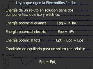 Energía de un soluto en solución tiene dos componentes: químico y eléctrico:   Energía potencial química:  Epq = RTlnC   Energía potencial eléctrica:  Epe = zFV   Energía potencial total:  Ept = Epq + Epe   Condición de equilibrio para un soluto (en célula):  Ept i  = Ept e Epq i  + Epe i  = Epq e  + Epe e Leyes que rigen la Electrodifusión libre 