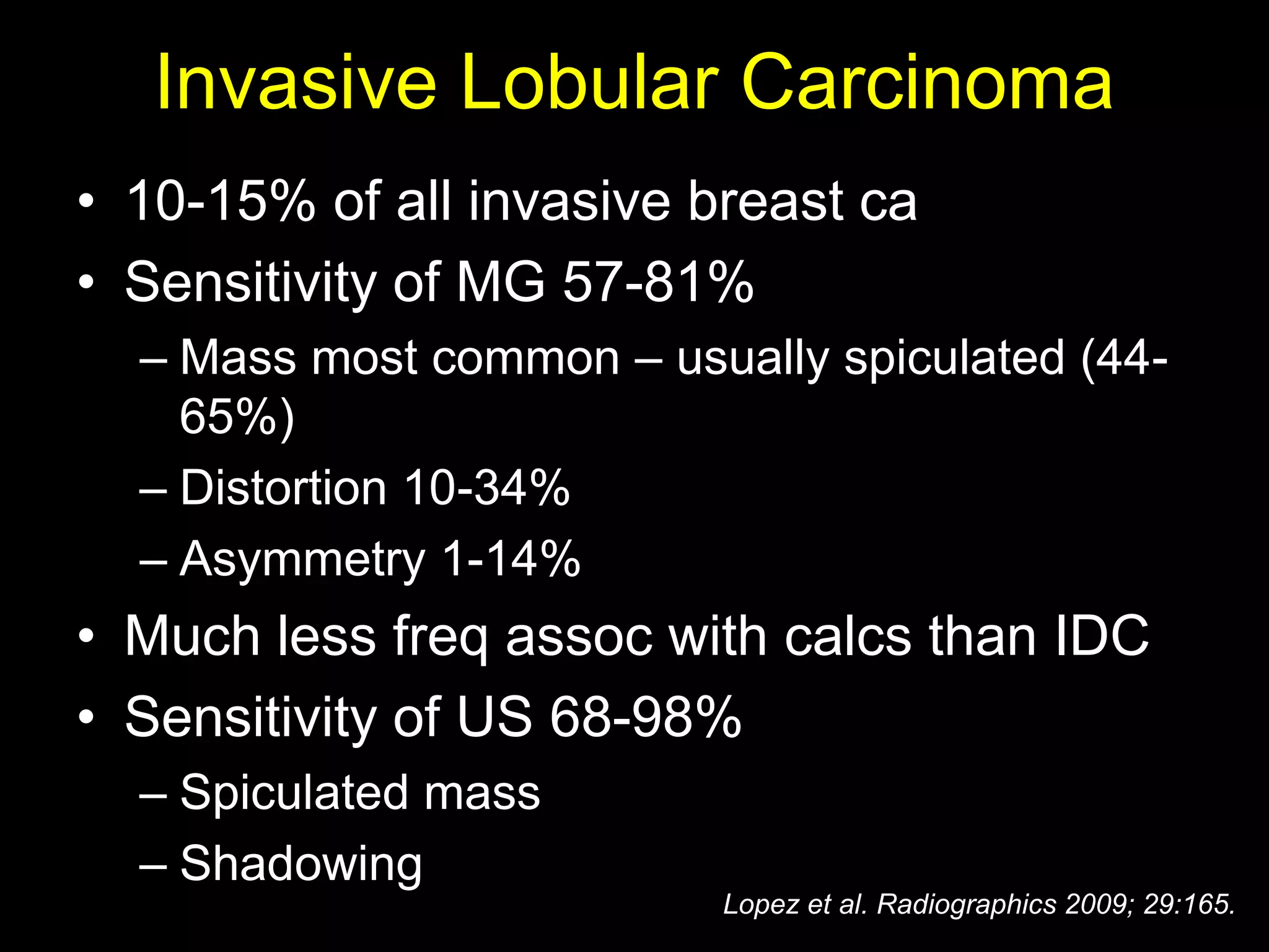 Invasive Lobular Carcinoma
• 10-15% of all invasive breast ca
• Sensitivity of MG 57-81%
  – Mass most common – usually spiculated (44-
    65%)
  – Distortion 10-34%
  – Asymmetry 1-14%
• Much less freq assoc with calcs than IDC
• Sensitivity of US 68-98%
  – Spiculated mass
  – Shadowing
                          Lopez et al. Radiographics 2009; 29:165.
 