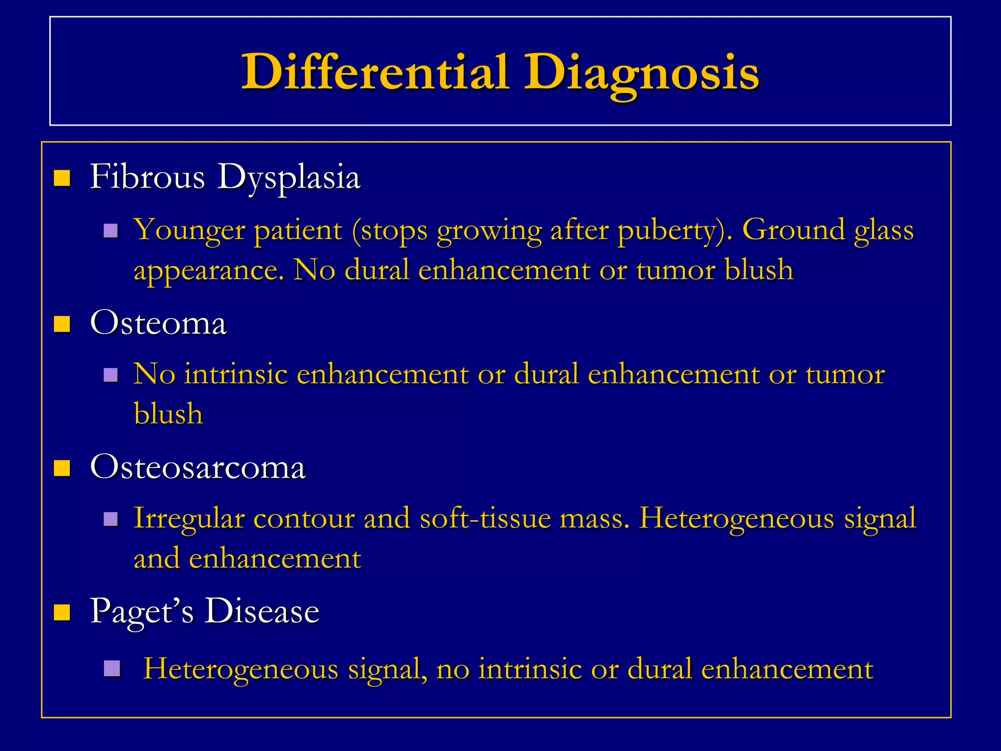 Differential Diagnosis


Fibrous Dysplasia




Osteoma




No intrinsic enhancement or dural enhancement or tumor
blush

Osteosarcoma




Younger patient (stops growing after puberty). Ground glass
appearance. No dural enhancement or tumor blush

Irregular contour and soft-tissue mass. Heterogeneous signal
and enhancement

Paget’s Disease


Heterogeneous signal, no intrinsic or dural enhancement

 