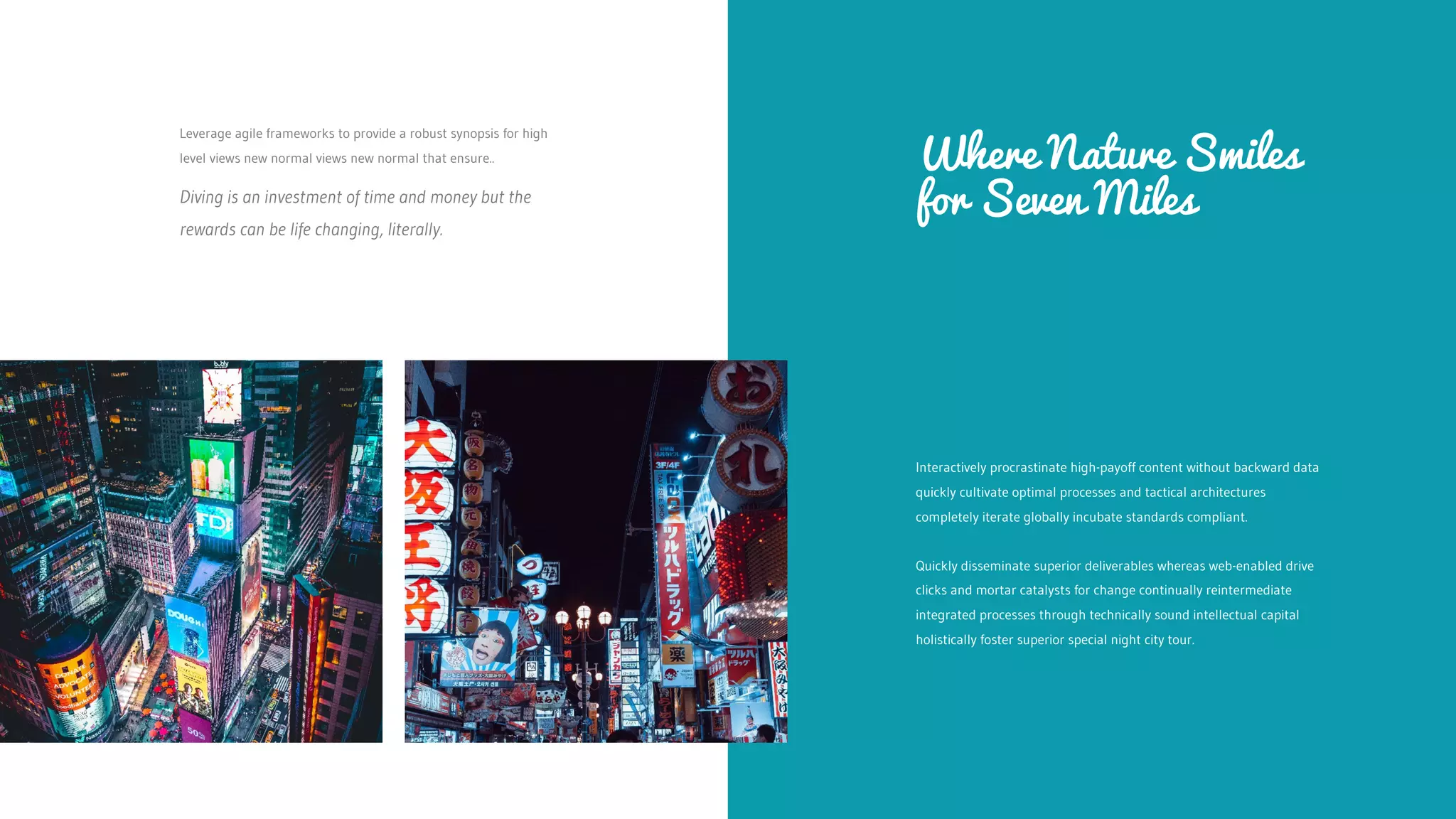 Where Nature Smiles
for Seven Miles
Interactively procrastinate high-payoff content without backward data
quickly cultivate optimal processes and tactical architectures
completely iterate globally incubate standards compliant.
Quickly disseminate superior deliverables whereas web-enabled drive
clicks and mortar catalysts for change continually reintermediate
integrated processes through technically sound intellectual capital
holistically foster superior special night city tour.
Leverage agile frameworks to provide a robust synopsis for high
level views new normal views new normal that ensure..
Diving is an investment of time and money but the
rewards can be life changing, literally.
 