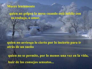 Muere lentamente quien no golpea la mesa cuando está infeliz con   su trabajo, o amor, quien no arriesga lo cierto por lo incierto para ir  atrás de un sueño quien no se permite, por lo menos una vez en la vida, huir de los consejos sensatos... 