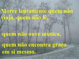 Morre lentamente quem não viaja, quem não lê, quem não ouve música, quem não encontra graça em si mesmo.   