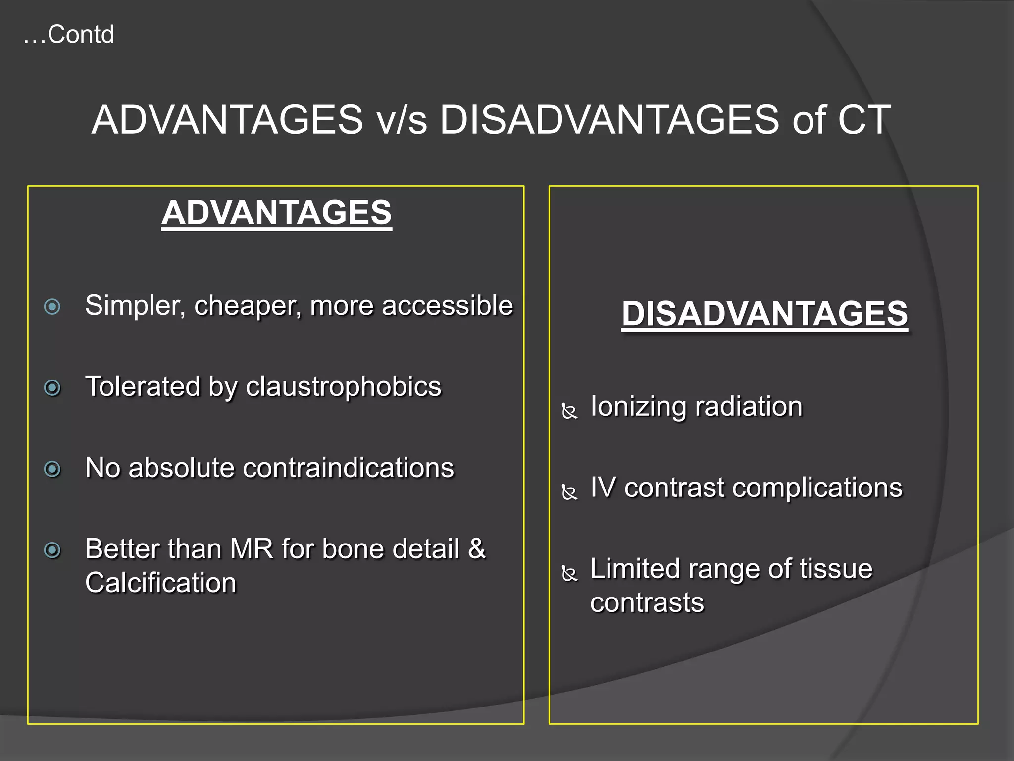 …Contd

ADVANTAGES v/s DISADVANTAGES of CT
ADVANTAGES


Simpler, cheaper, more accessible



Tolerated by claustrophobics



No absolute contraindications



Better than MR for bone detail &
Calcification

DISADVANTAGES


Ionizing radiation



IV contrast complications



Limited range of tissue
contrasts

 