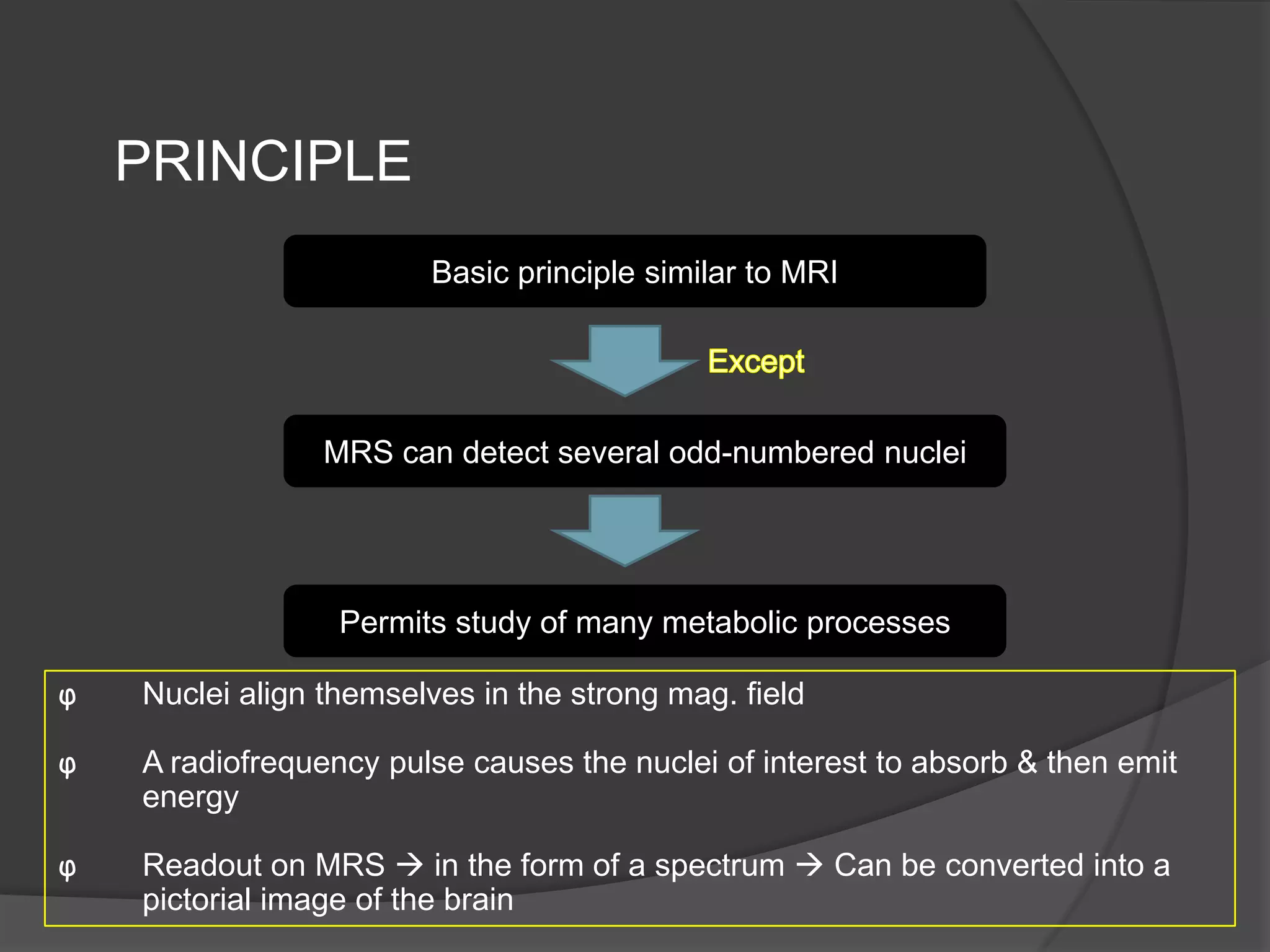 PRINCIPLE
Basic principle similar to MRI

MRS can detect several odd-numbered nuclei

Permits study of many metabolic processes
φ

Nuclei align themselves in the strong mag. field

φ

A radiofrequency pulse causes the nuclei of interest to absorb & then emit
energy

φ

Readout on MRS  in the form of a spectrum  Can be converted into a
pictorial image of the brain

 