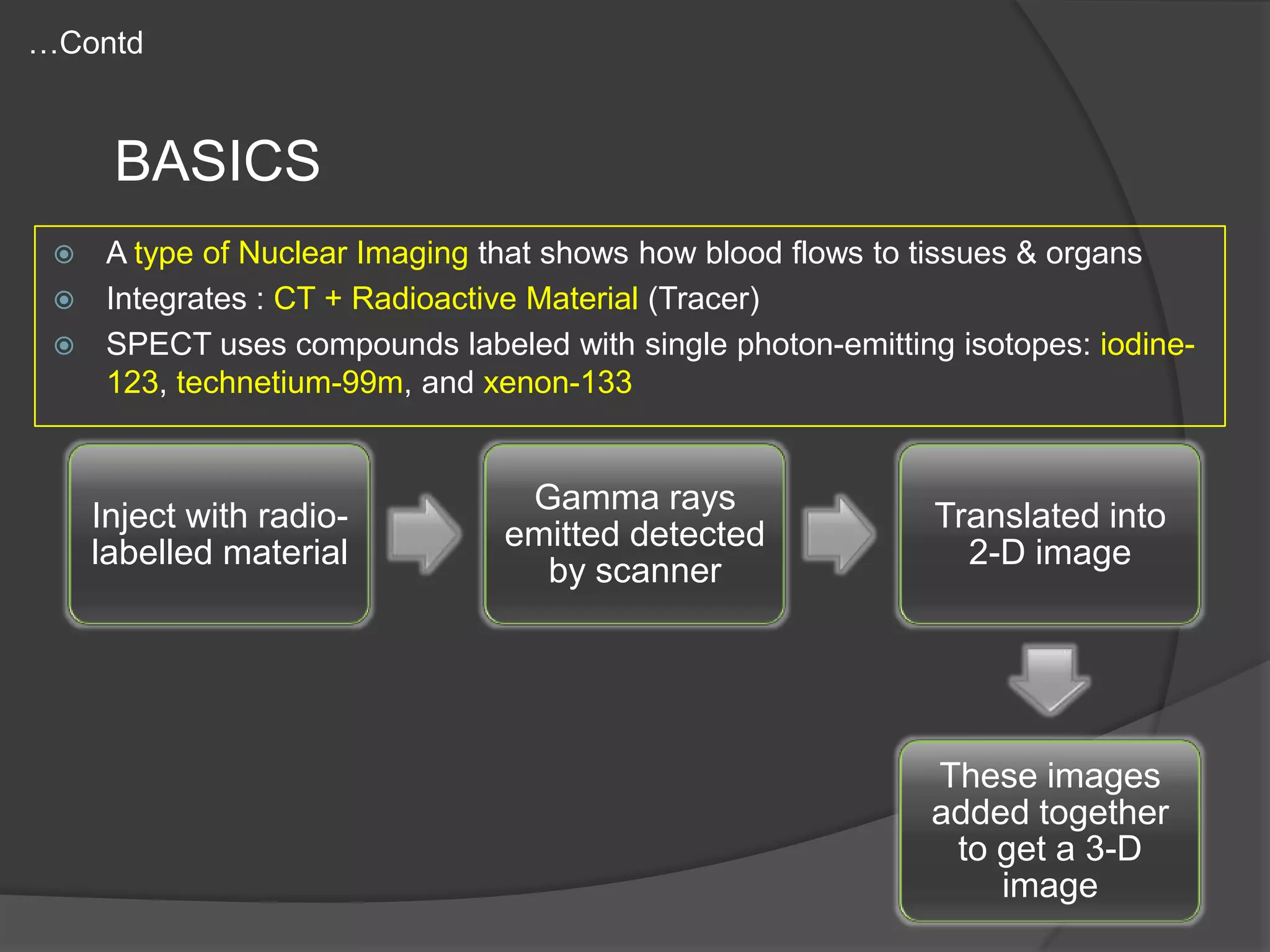 …Contd

BASICS
A type of Nuclear Imaging that shows how blood flows to tissues & organs
 Integrates : CT + Radioactive Material (Tracer)
 SPECT uses compounds labeled with single photon-emitting isotopes: iodine123, technetium-99m, and xenon-133


Inject with radiolabelled material

Gamma rays
emitted detected
by scanner

Translated into
2-D image

These images
added together
to get a 3-D
image

 