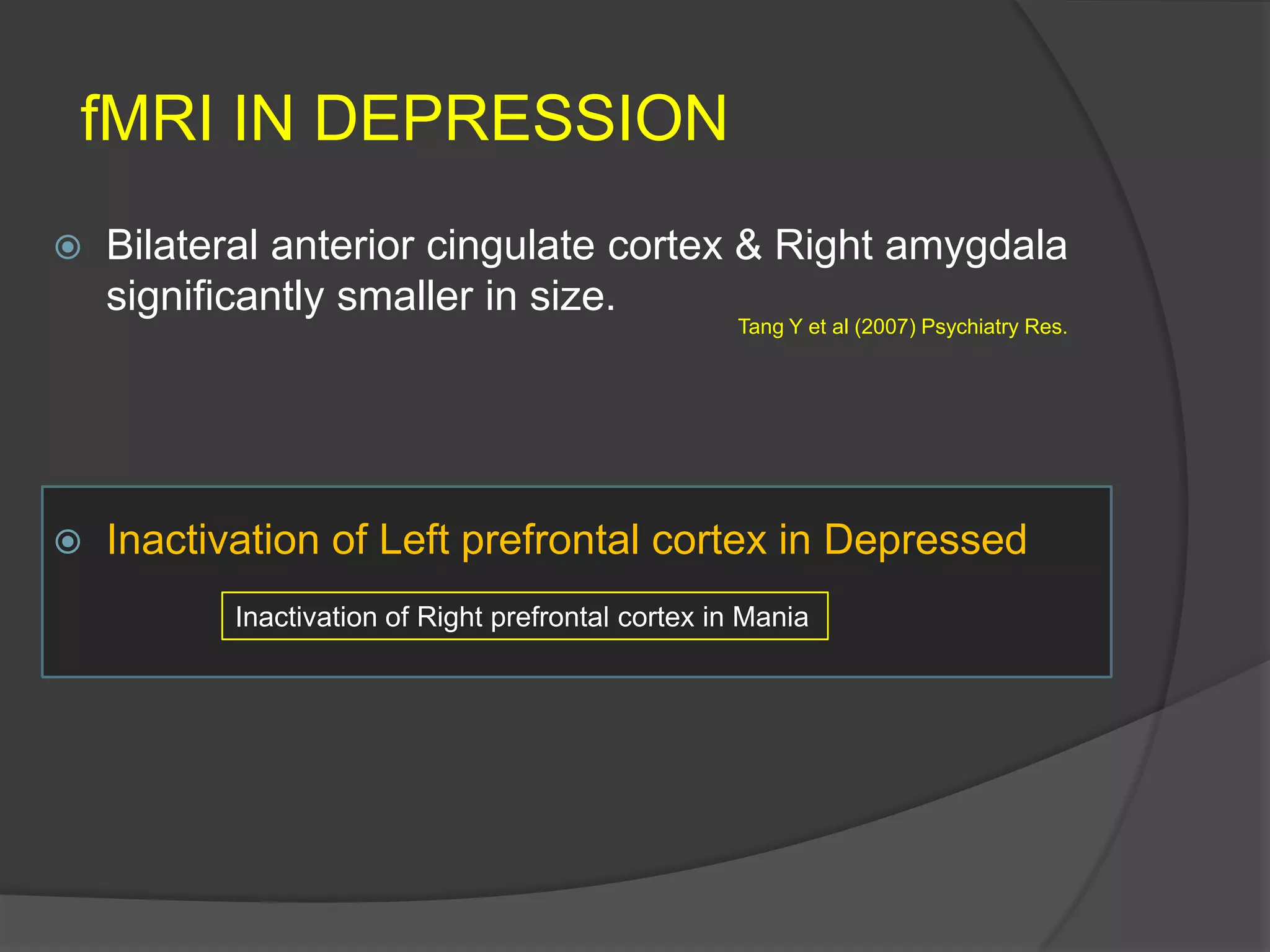 fMRI IN DEPRESSION


Bilateral anterior cingulate cortex & Right amygdala
significantly smaller in size.
Tang Y et al (2007) Psychiatry Res.



Inactivation of Left prefrontal cortex in Depressed
Inactivation of Right prefrontal cortex in Mania

 