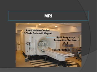 MRI

Liquid Helium Cooled
1.5 Tesla Solenoid Magnet
Radiofrequency
Transmitter/Reciever
Coil
Patient Platform

 