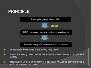 PRINCIPLE
Basic principle similar to MRI

MRS can detect several odd-numbered nuclei

Permits study of many metabolic processes
φ

Nuclei align themselves in the strong mag. field

φ

A radiofrequency pulse causes the nuclei of interest to absorb & then emit
energy

φ

Readout on MRS  in the form of a spectrum  Can be converted into a
pictorial image of the brain

 