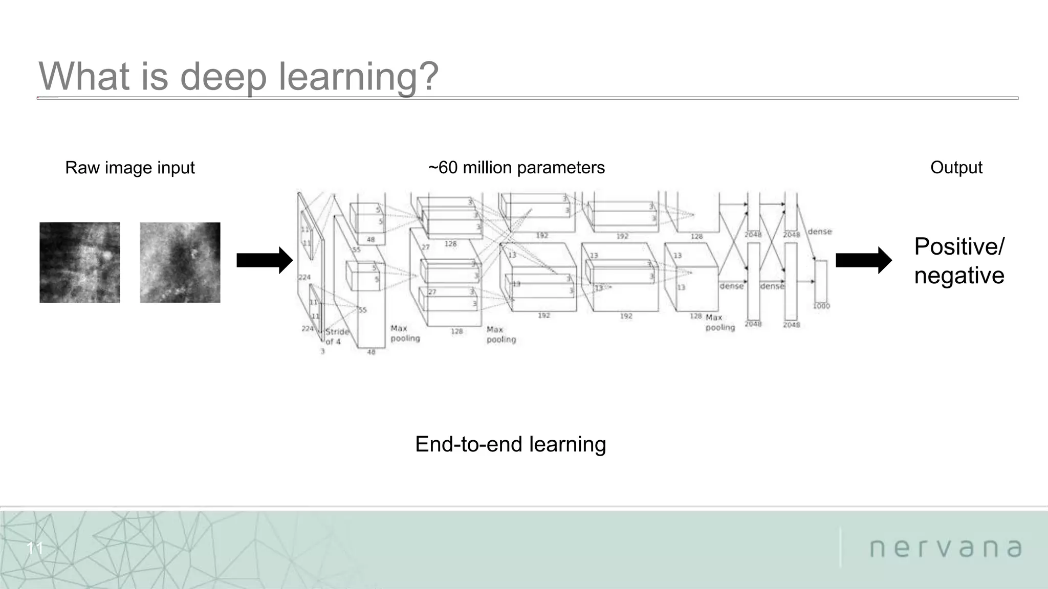 Nervana Systems Proprietary
11
~60 million parameters
Positive/
negative
End-to-end learning
Raw image input Output
 