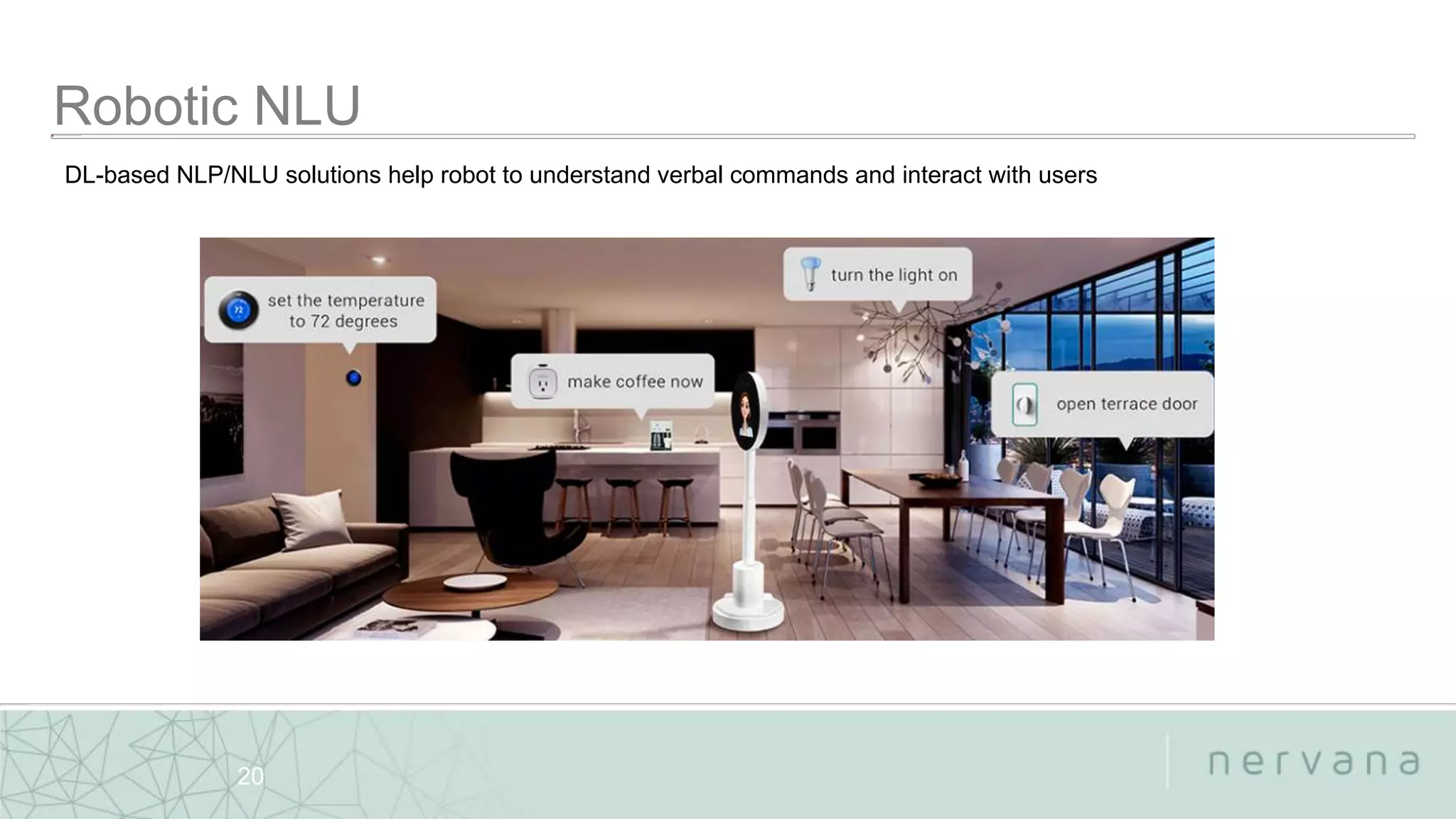 Nervana Systems Proprietary
20
DL-based NLP/NLU solutions help robot to understand verbal commands and interact with users
 