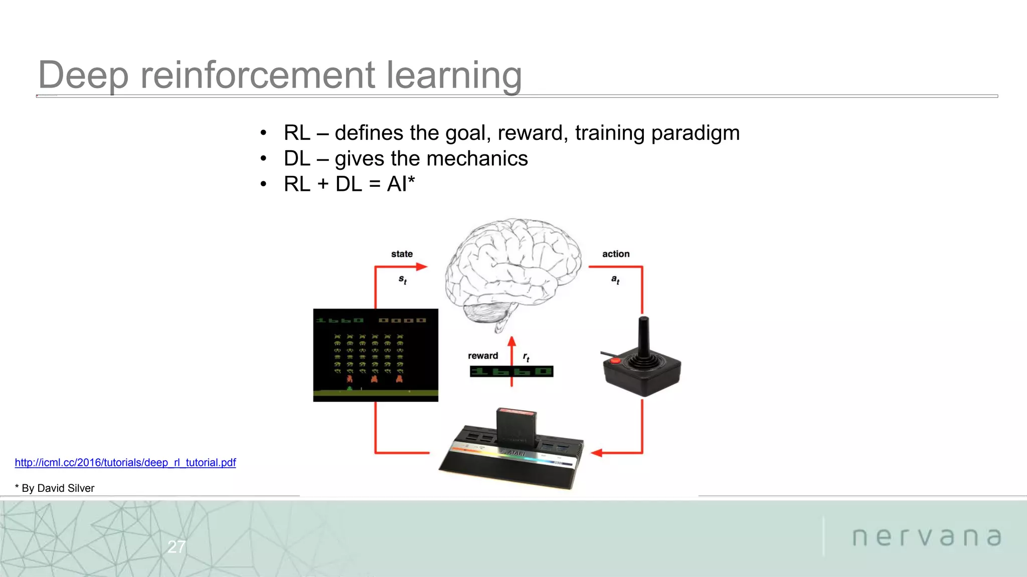 Nervana Systems Proprietary
27
• RL – defines the goal, reward, training paradigm
• DL – gives the mechanics
• RL + DL = AI*
http://icml.cc/2016/tutorials/deep_rl_tutorial.pdf
* By David Silver
 