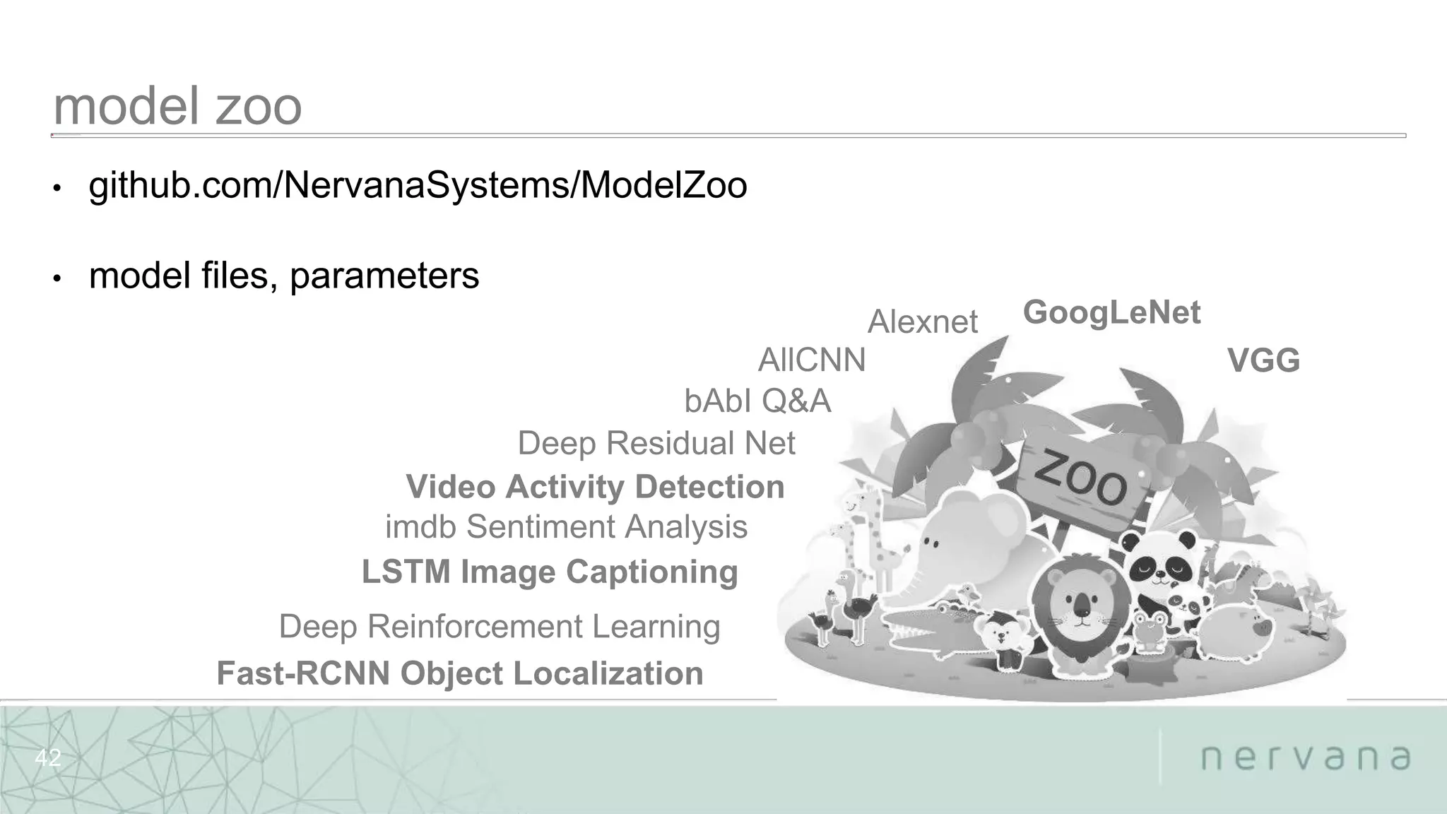 Nervana Systems Proprietary
42
• github.com/NervanaSystems/ModelZoo
• model files, parameters
 