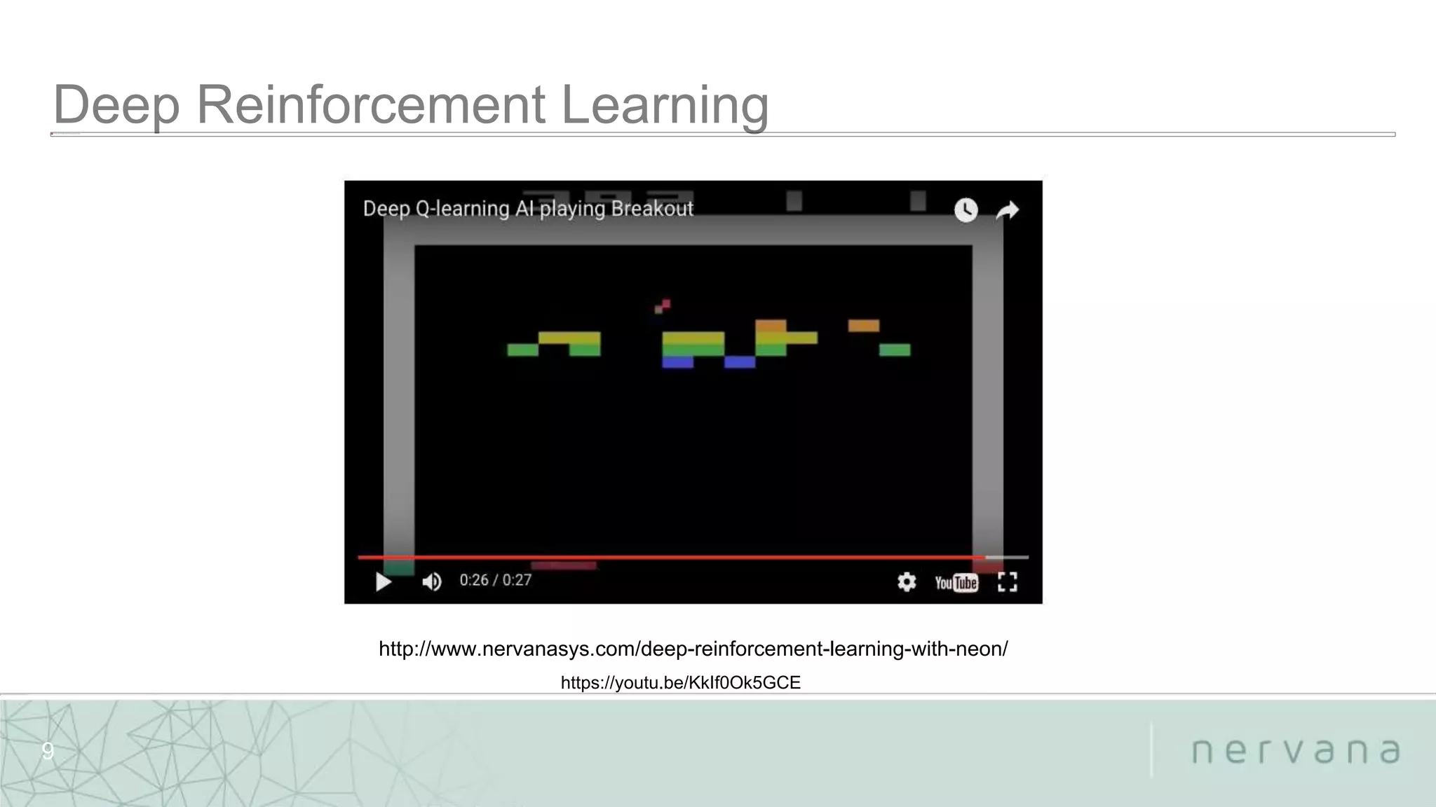 Nervana Systems Proprietary
9
http://www.nervanasys.com/deep-reinforcement-learning-with-neon/
https://youtu.be/KkIf0Ok5GCE
 