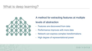 Nervana Systems Proprietary
12
A method for extracting features at multiple
levels of abstraction
• Features are discovered from data
• Performance improves with more data
• Network can express complex transformations
• High degree of representational power
 
