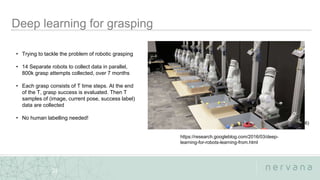 Nervana Systems Proprietary
22
• Trying to tackle the problem of robotic grasping
• 14 Separate robots to collect data in parallel,
800k grasp attempts collected, over 7 months
• Each grasp consists of T time steps. At the end
of the T, grasp success is evaluated. Then T
samples of (image, current pose, success label)
data are collected
• No human labelling needed!
Levine et.al (2016)
https://research.googleblog.com/2016/03/deep-
learning-for-robots-learning-from.html
 