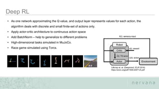 Nervana Systems Proprietary
32
• As one network approximating the Q value, and output layer represents values for each action, the
algorithm deals with discrete and small finite-set of actions only.
• Apply actor-critic architecture to continuous action space
• Add BatchNorm – help to generalize to different problems
• High-dimensional tasks simulated in MuJoCo.
• Race game simulated using Torcs.
Lillicrap et. al. (Deepmind, ICLR 2016)
https://arxiv.org/pdf/1509.02971v5.pdf
 