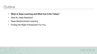 Nervana Systems Proprietary
4
• What is Deep Learning and What Can It Do Today?
• How DL helps Robotics?
• Deep Reinforcement Learning
• Finding the Right Frameworks For You
 