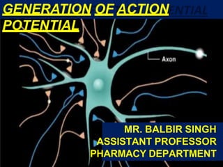 GENERATION OF ACTION
POTENTIAL
MR. BALBIR SINGH
ASSISTANT PROFESSOR
PHARMACY DEPARTMENT
 