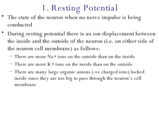 1. Resting Potential The state of the neuron when no nerve impulse is being conducted During resting potential there is an ion displacement between the inside and the outside of the neuron (i.e. on either side of the neuron cell membrane) as follows: There are more Na+ ions on the outside than on the inside There are more K+ ions on the inside than on the outside There are many large organic anions (-ve charged ions) locked inside since they are too big to pass through the neuron’s cell membrane 