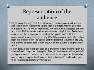 Representation of the
audience
O Right away, through both the colours and main image used, we can
see that the film is tar...