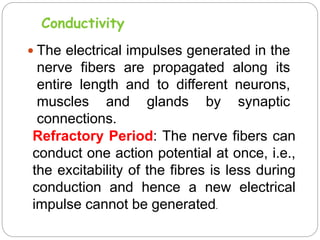 Conductivity
 The electrical impulses generated in the
nerve fibers are propagated along its
entire length and to different neurons,
muscles and glands by synaptic
connections.
Refractory Period: The nerve fibers can
conduct one action potential at once, i.e.,
the excitability of the fibres is less during
conduction and hence a new electrical
impulse cannot be generated.
 