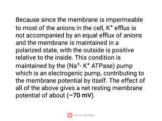 Because since the membrane is impermeable
to most of the anions in the cell, K+ eﬄux is
not accompanied by an equal eﬄux of anions
and the membrane is maintained in a
polarized state, with the outside is positive
relative to the inside. This condition is
maintained by the (Na+- K+ ATPase) pump
which is an electrogenic pump, contributing to
the membrane potential by itself. The effect of
all of the above gives a net resting membrane
potential of about (–70 mV).
 