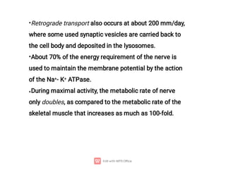 •
•
•
Retrograde transport also occurs at about 200 mm/day,
where some used synaptic vesicles are carried back to
the cell body and deposited in the lysosomes.
About 70% of the energy requirement of the nerve is
used to maintain the membrane potential by the action
of the Na+- K+ ATPase.
During maximal activity, the metabolic rate of nerve
only doubles, as compared to the metabolic rate of the
skeletal muscle that increases as much as 100-fold.
 