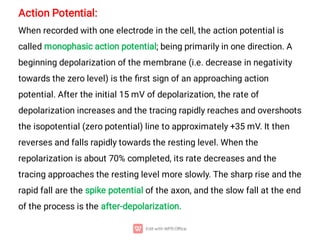 Action Potential:
When recorded with one electrode in the cell, the action potential is
called monophasic action potential; being primarily in one direction. A
beginning depolarization of the membrane (i.e. decrease in negativity
towards the zero level) is the ﬁrst sign of an approaching action
potential. After the initial 15 mV of depolarization, the rate of
depolarization increases and the tracing rapidly reaches and overshoots
the isopotential (zero potential) line to approximately +35 mV. It then
reverses and falls rapidly towards the resting level. When the
repolarization is about 70% completed, its rate decreases and the
tracing approaches the resting level more slowly. The sharp rise and the
rapid fall are the spike potential of the axon, and the slow fall at the end
of the process is the after-depolarization.
 