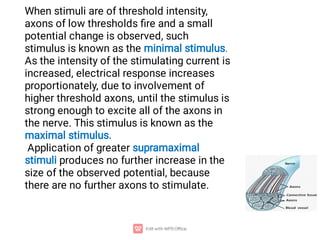When stimuli are of threshold intensity,
axons of low thresholds ﬁre and a small
potential change is observed, such
stimulus is known as the minimal stimulus.
As the intensity of the stimulating current is
increased, electrical response increases
proportionately, due to involvement of
higher threshold axons, until the stimulus is
strong enough to excite all of the axons in
the nerve. This stimulus is known as the
maximal stimulus.
Application of greater supramaximal
stimuli produces no further increase in the
size of the observed potential, because
there are no further axons to stimulate.
 