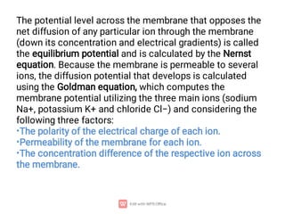 •
•
•
The potential level across the membrane that opposes the
net diffusion of any particular ion through the membrane
(down its concentration and electrical gradients) is called
the equilibrium potential and is calculated by the Nernst
equation. Because the membrane is permeable to several
ions, the diffusion potential that develops is calculated
using the Goldman equation, which computes the
membrane potential utilizing the three main ions (sodium
Na+, potassium K+ and chloride Cl−) and considering the
following three factors:
The polarity of the electrical charge of each ion.
Permeability of the membrane for each ion.
The concentration difference of the respective ion across
the membrane.
 