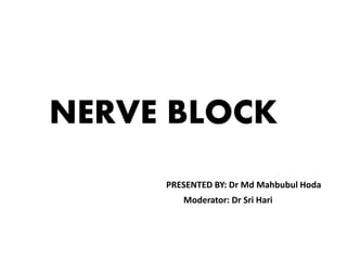 NERVE BLOCK
PRESENTED BY: Dr Md Mahbubul Hoda
Moderator: Dr Sri Hari
 
