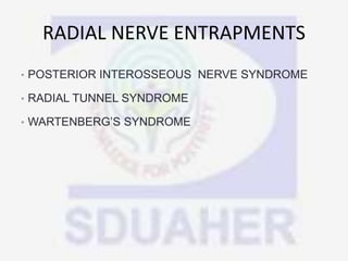 RADIAL NERVE ENTRAPMENTS
• POSTERIOR INTEROSSEOUS NERVE SYNDROME
• RADIAL TUNNEL SYNDROME
• WARTENBERG’S SYNDROME
 