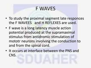 F WAVES
• To study the proximal segment late responces
the F WAVEES and H REFLEXES are used.
• F wave is a long latency muscle action
potential produced at the supramaximal
stimulus from antidromic stimulation of
mototr neurons involving the conduction to
and from the spinal cord.
• It occurs at interface between the PNS and
CNS.
 