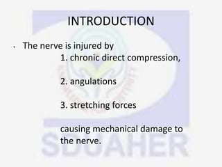 INTRODUCTION
• The nerve is injured by
1. chronic direct compression,
2. angulations
3. stretching forces
causing mechanical damage to
the nerve.
 