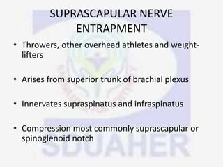 SUPRASCAPULAR NERVE
ENTRAPMENT
• Throwers, other overhead athletes and weight-
lifters
• Arises from superior trunk of brachial plexus
• Innervates supraspinatus and infraspinatus
• Compression most commonly suprascapular or
spinoglenoid notch
 